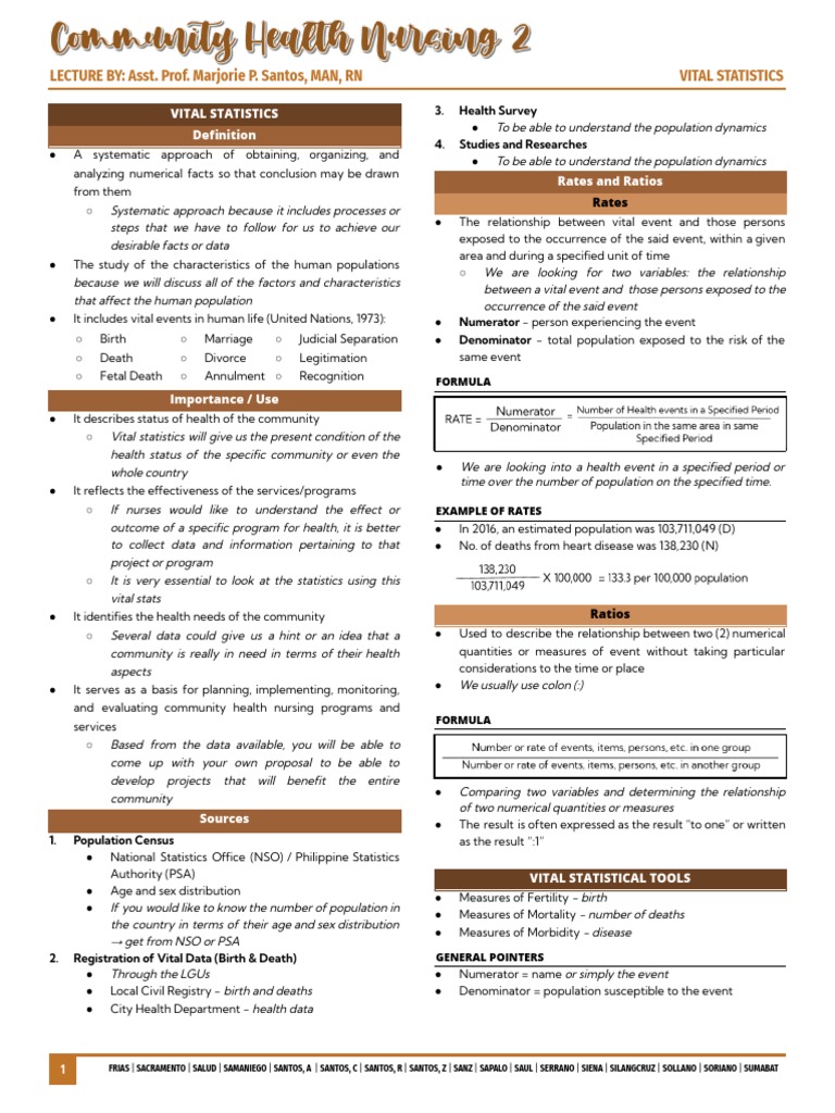 CHN Vital Statistics 1 PDF Infant Mortality Mortality Rate