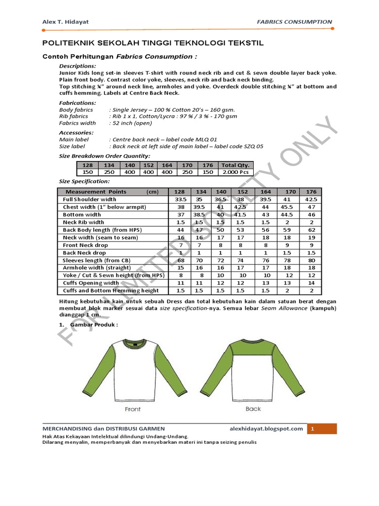 Contoh Perhitungan Fabrics Consumption2 PDF Seam (Sewing) Clothing