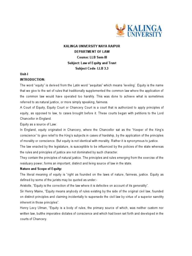 July Dec 2022 Llb 3 Sem V8 Llb3 3 Law Of Equity And Trust Unit 1 Notes