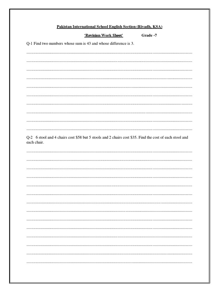 Grade 7, Revision Worksheet Ex 2E & 2F | PDF | Mathematical Objects ...