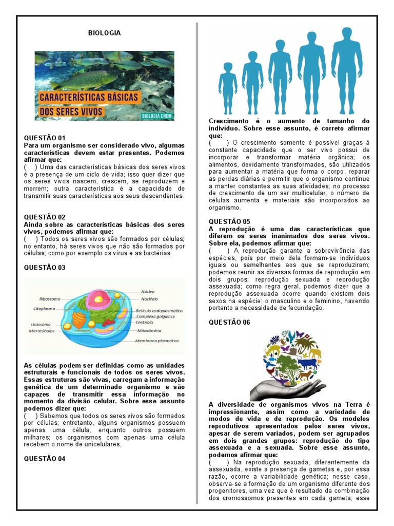 Biologia Prova de Bloco 1º Ano - 1º Bimestre | PDF | Organismos | Vida, image size:768x1024