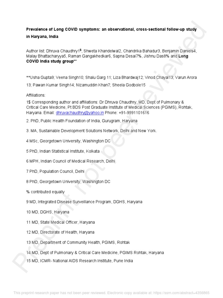 Prevalence of Long COVID Symptoms: An Observational, Cross-Sectional ...