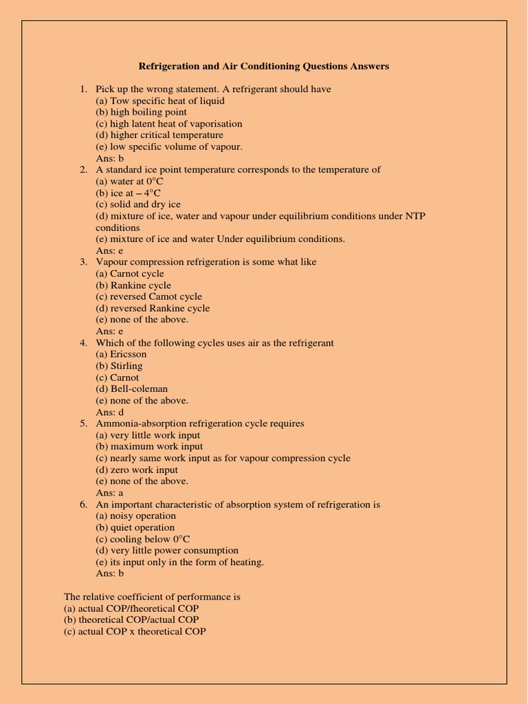 Refrigeration and Air Conditioning Questions Answers PDF