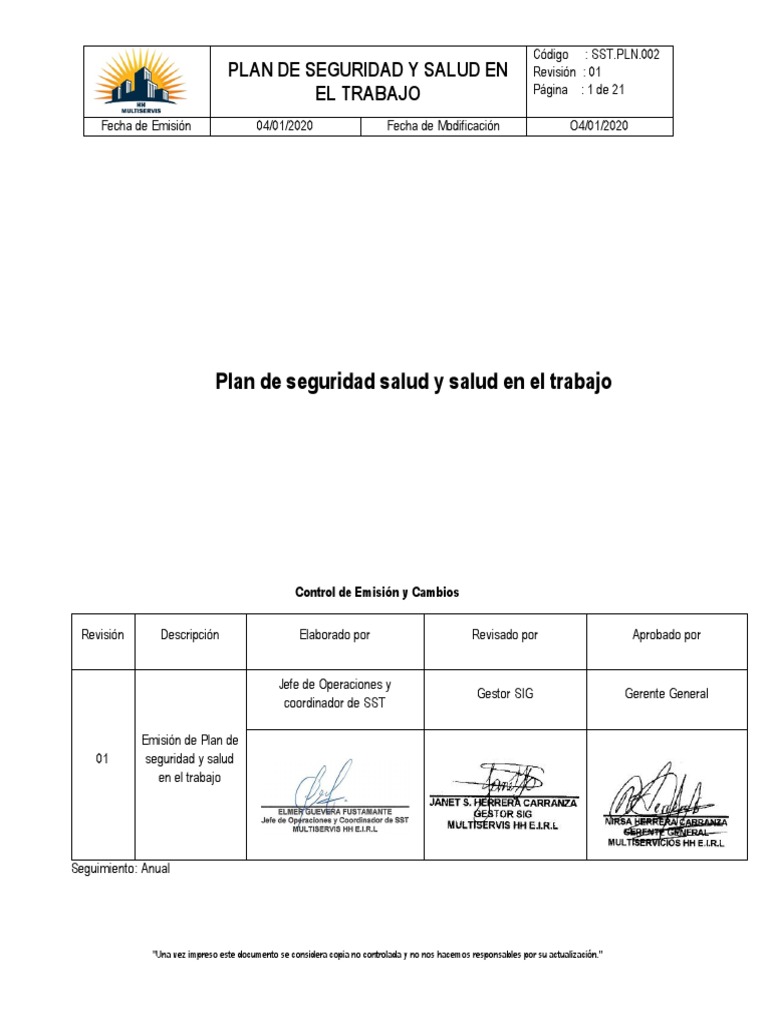 Plan de Seguridad y Salud Laboral | PDF | Seguridad y salud ocupacional ...