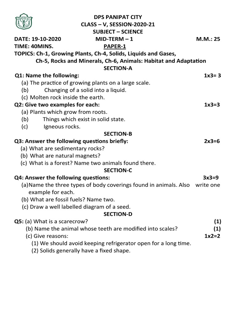 19 Oct - Class 5 Science Paper1 | PDF