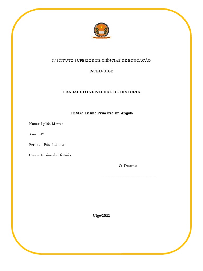 Ensino Prim rio Em Angola Trabalho Concluido PDF Escolas Angola