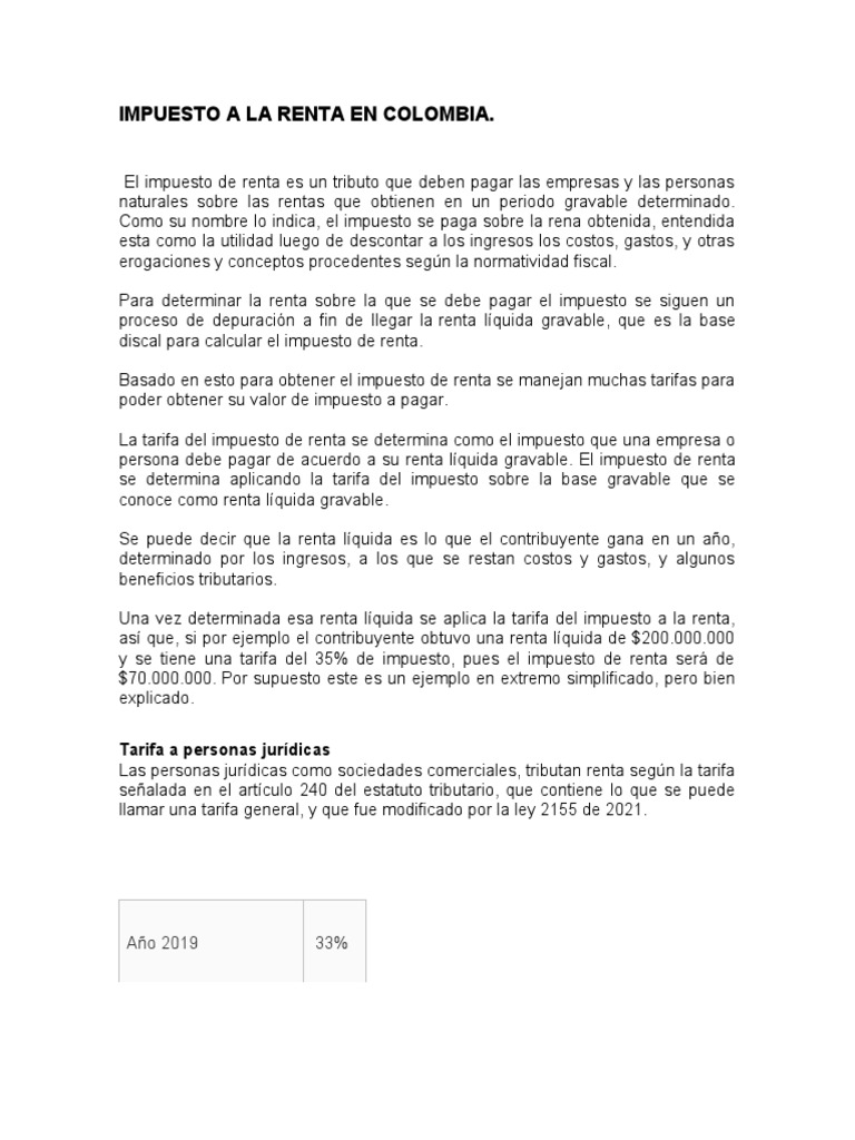 Impuesto A La Renta en Colombia 2 | PDF | Impuesto sobre la renta ...