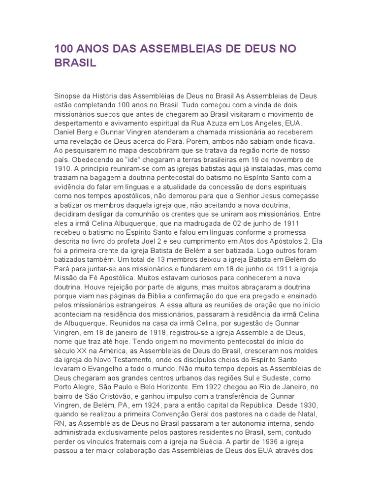 100 Anos Das Assembleia De Deus No Brasil Pdf Pentecostalismo