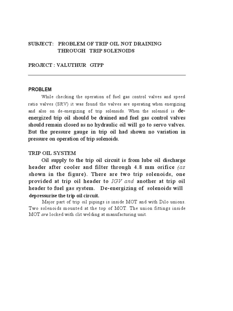 Subject Problem of Trip Oil Not Draining Through Trip Solenoids