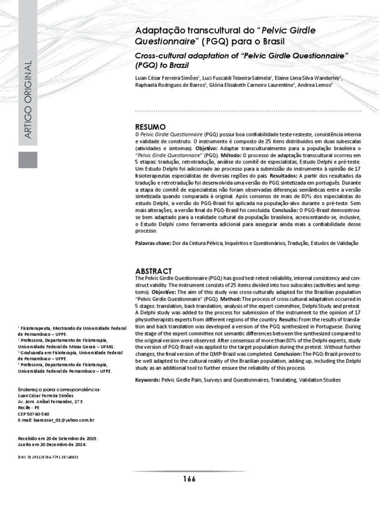 Questionnaire" (PGQ) para o Brasil Adaptação Transcultural Do "Pelvic Girdle PDF Traduções