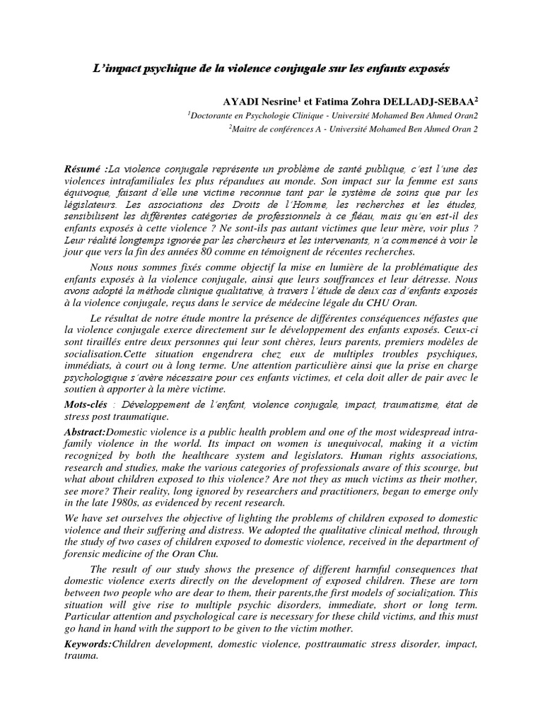 Impact psychique de la violence conjugale sur les enfants | PDF ...