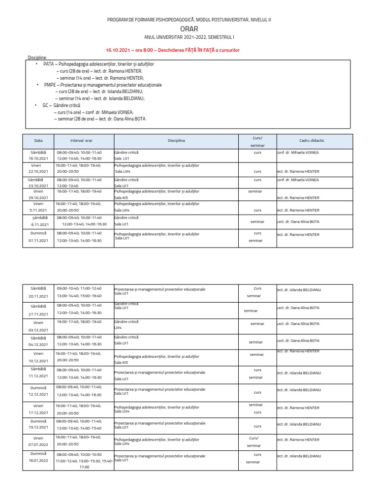 DPPD - Orar - Postuniv - Nivel - II - 2021-2022 - s1 Actualizat 10.14. ...