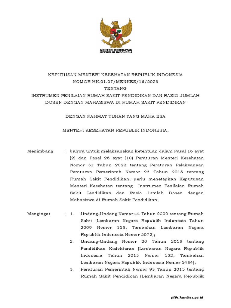 KMK No. HK.01.07-MENKES-16-2023 TTG Instrumen Penilaian RS Pendidikan ...