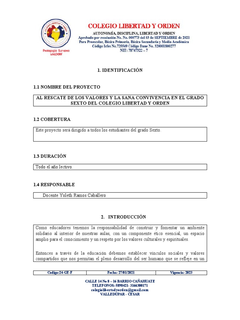 Proyecto de Valores en Sexto Grado | PDF | Maestros | Salón de clases