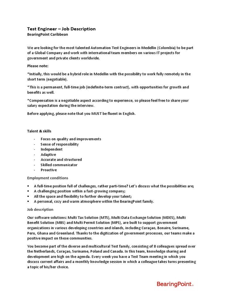 1.0 Job Description Manual Test Engineer PDF Information Technology Business