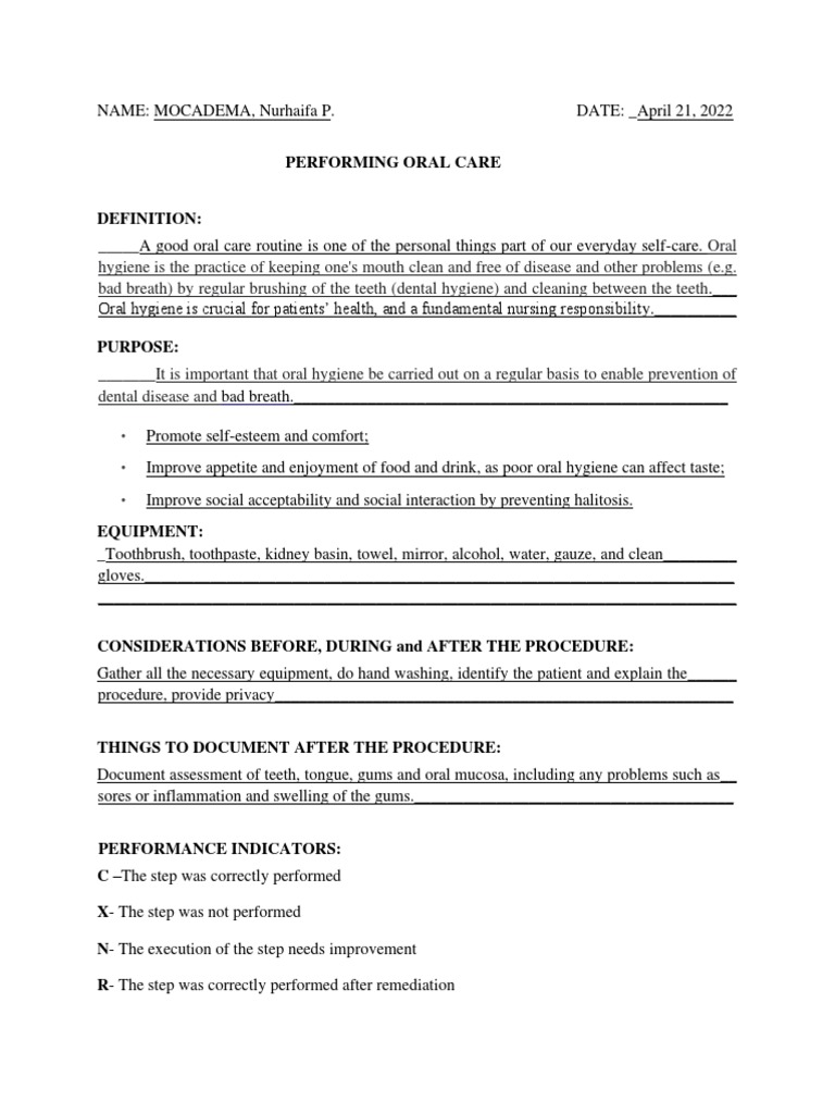 Mocadema (Performing Oral Care Checklist) PDF Oral Hygiene Toothbrush