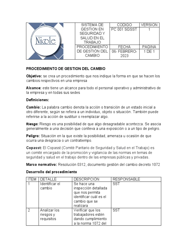 Procedimiento de Gestion Del Cambio | PDF