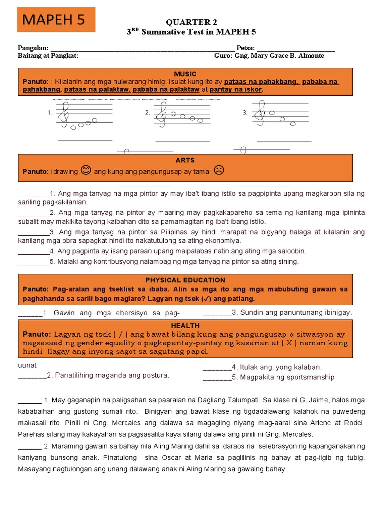 Q2 3rd Quarter Summative Test MAPEH5 PDF