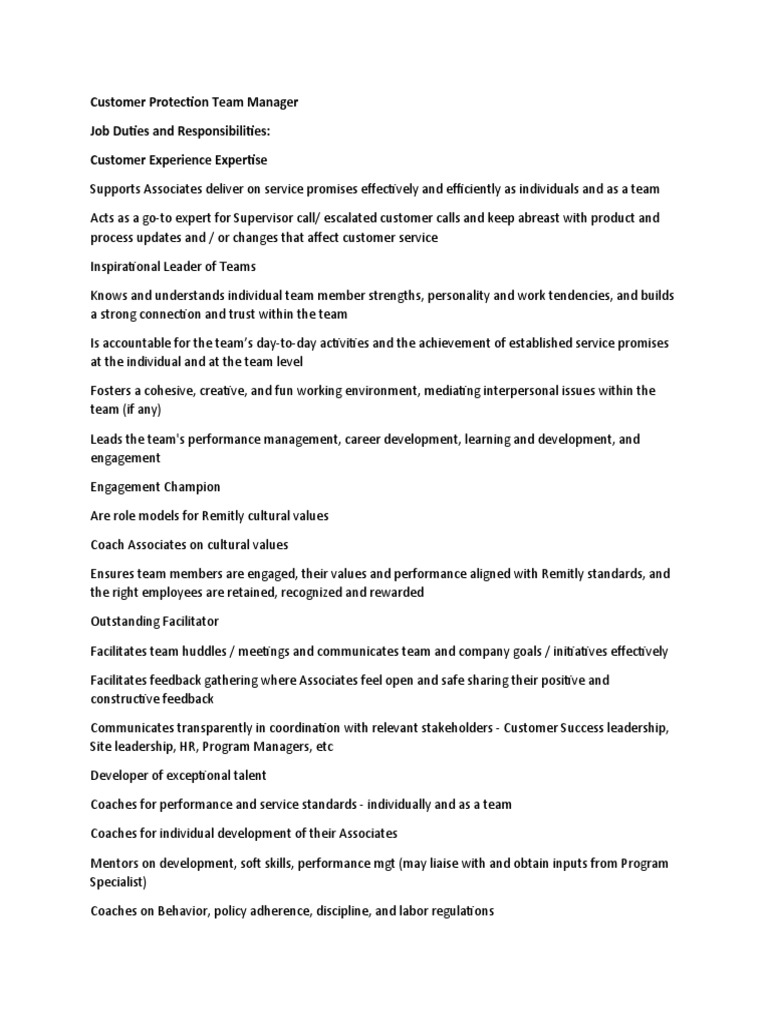 Customer Protection Team Manager Role | PDF | Leadership | Psychology