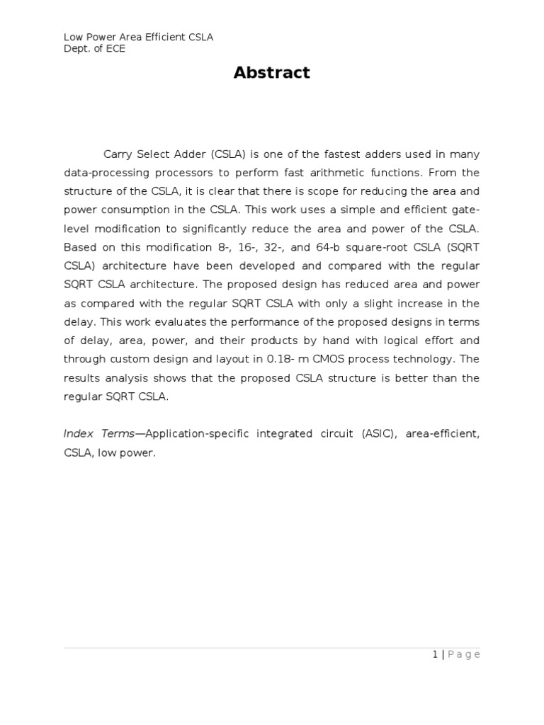 Low Power Efficient Carry Select Adder | PDF | Digital Electronics ...