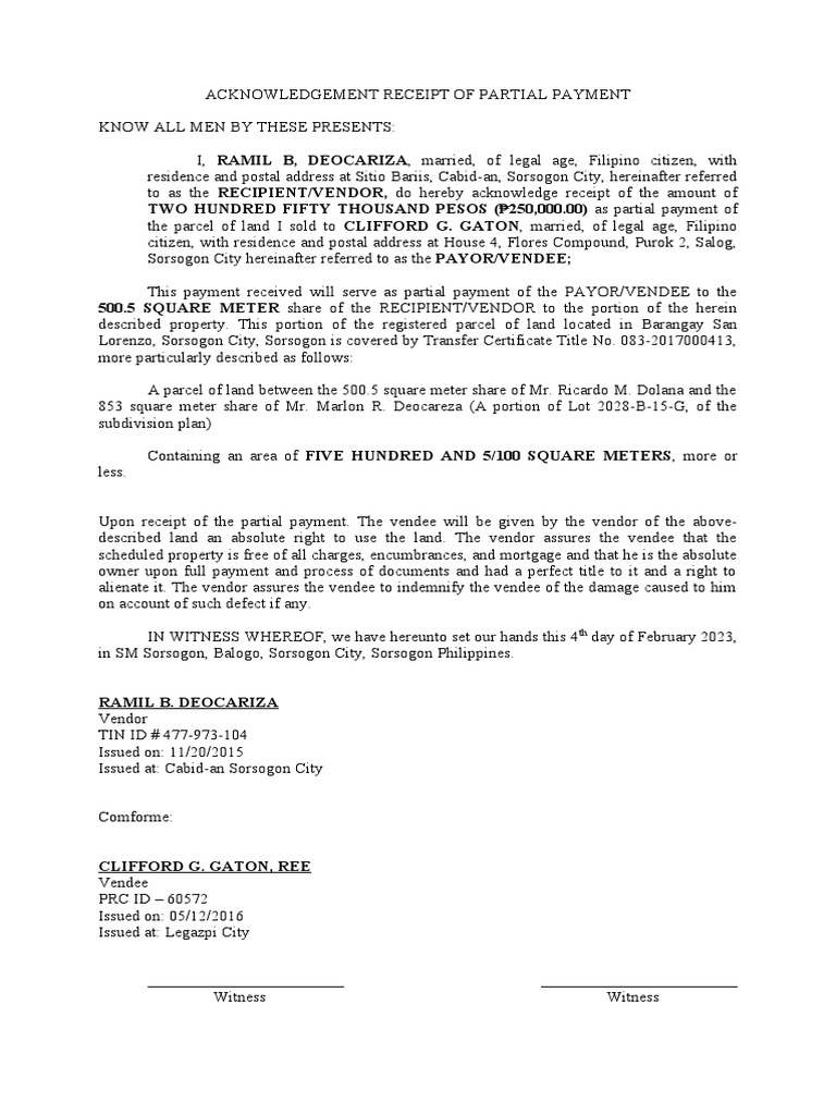 Acknowledgement of Partial Payment for Lot | PDF