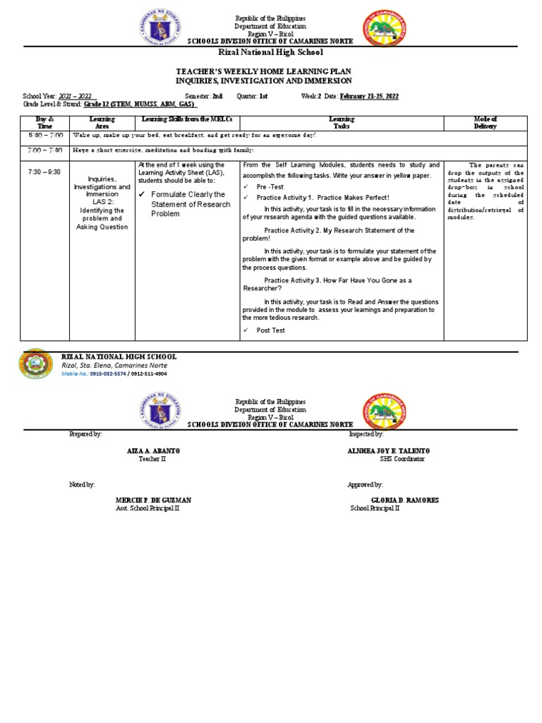 Weekly Home Learning Plan 3is 2nd Week Pdf Learning Education Theory