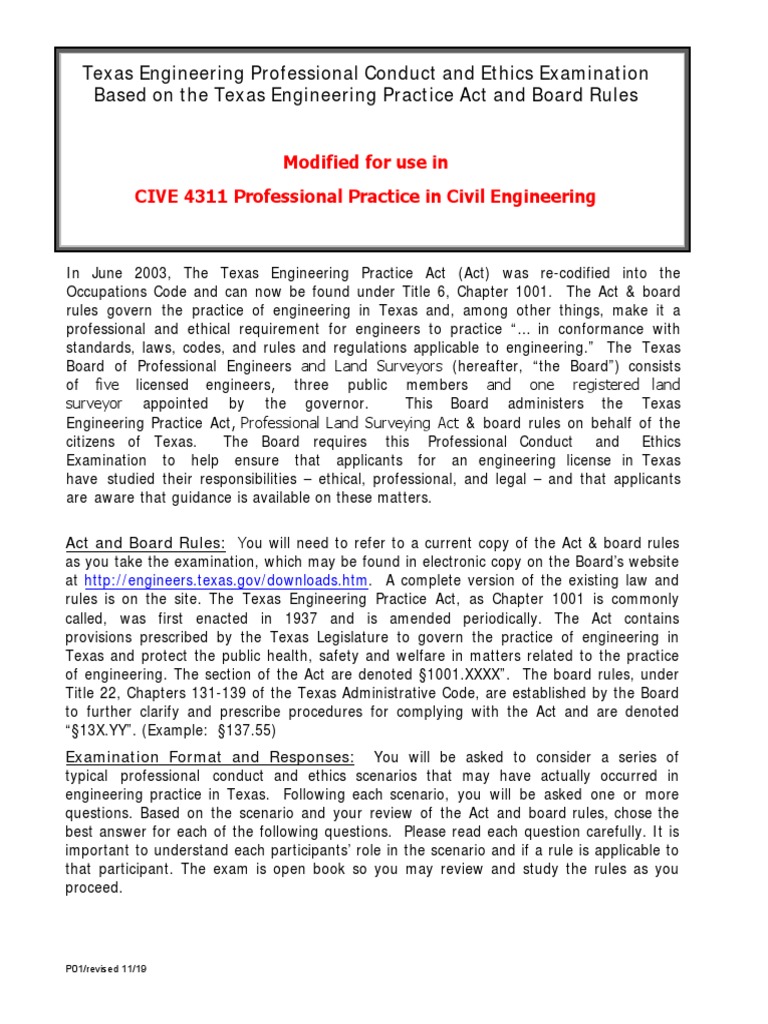 Texas Engineering Ethics Exam Guide | PDF | Engineer | Licensure