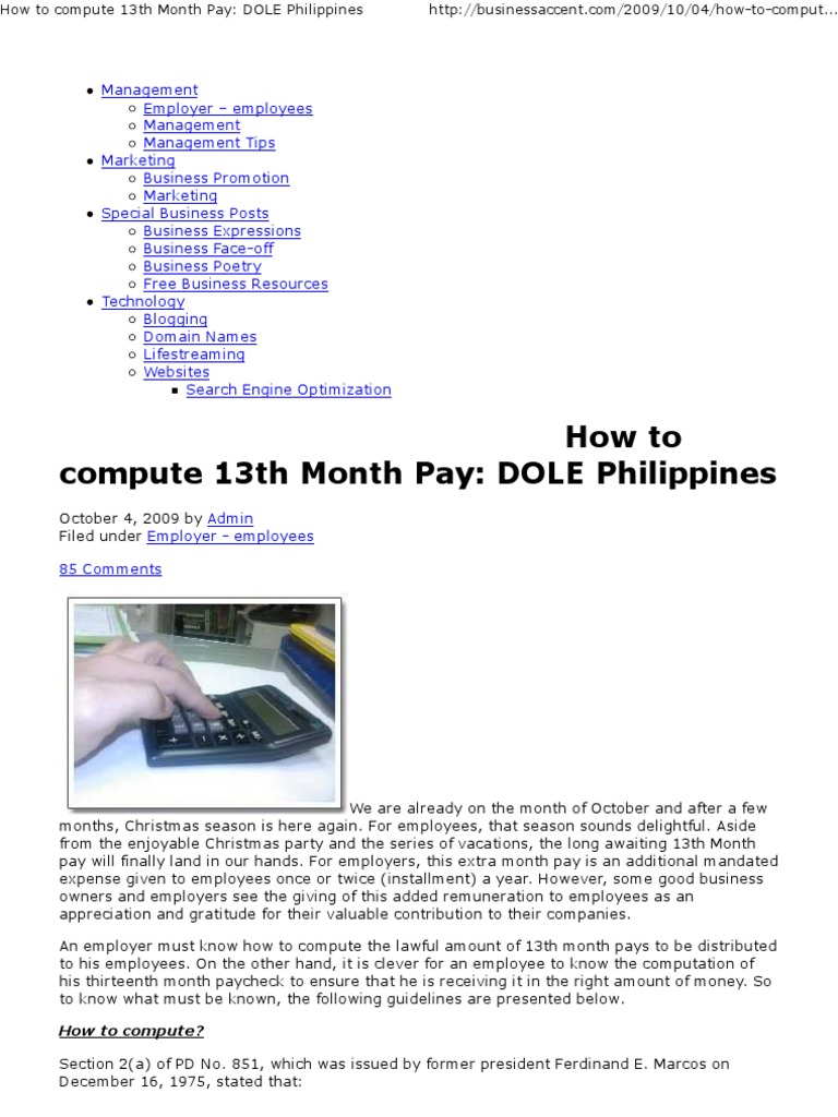 How To Compute 13th Month Pay DOLE Philippines Employee Benefits Employment