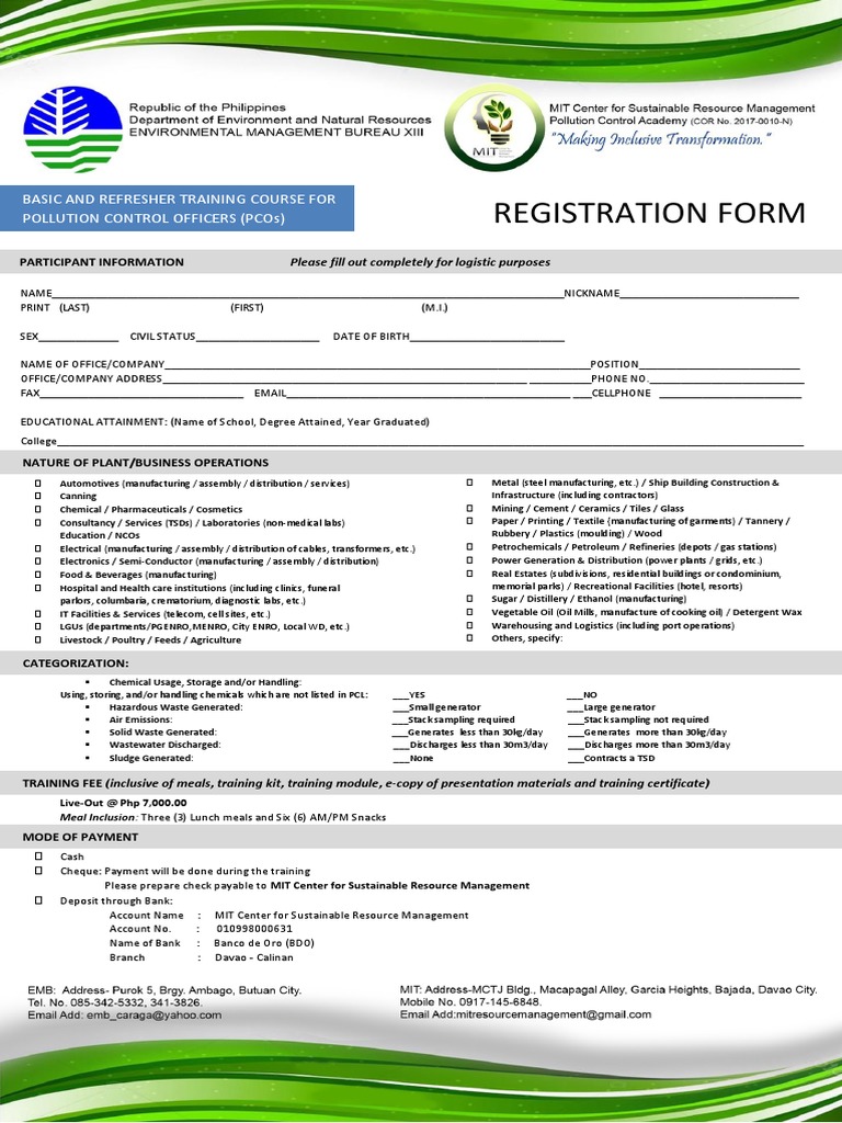 MIT Registration Form For PCO Training PDF Oil Materials