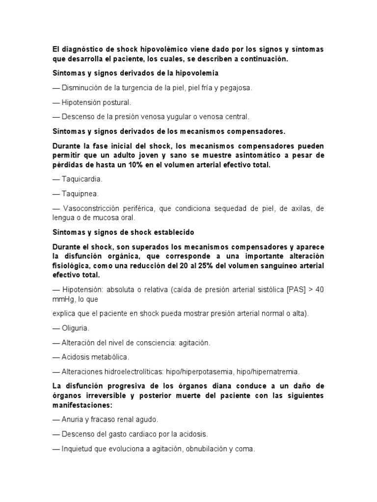 Signos y síntomas del shock hipovolémico | PDF | Medicina CLINICA ...