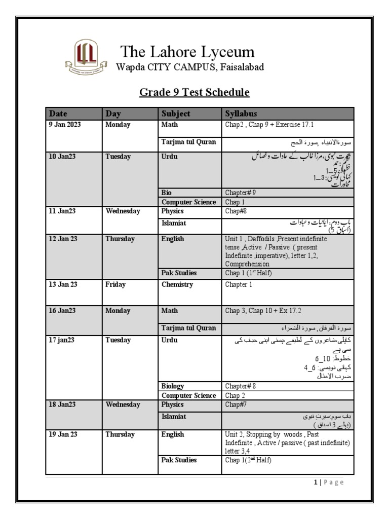 Grade 9 Test Schedule | PDF