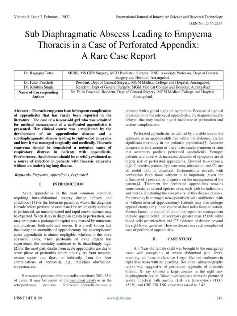 Sub Diaphragmatic Abscess Leading To Empyema Thoracis in A Case of