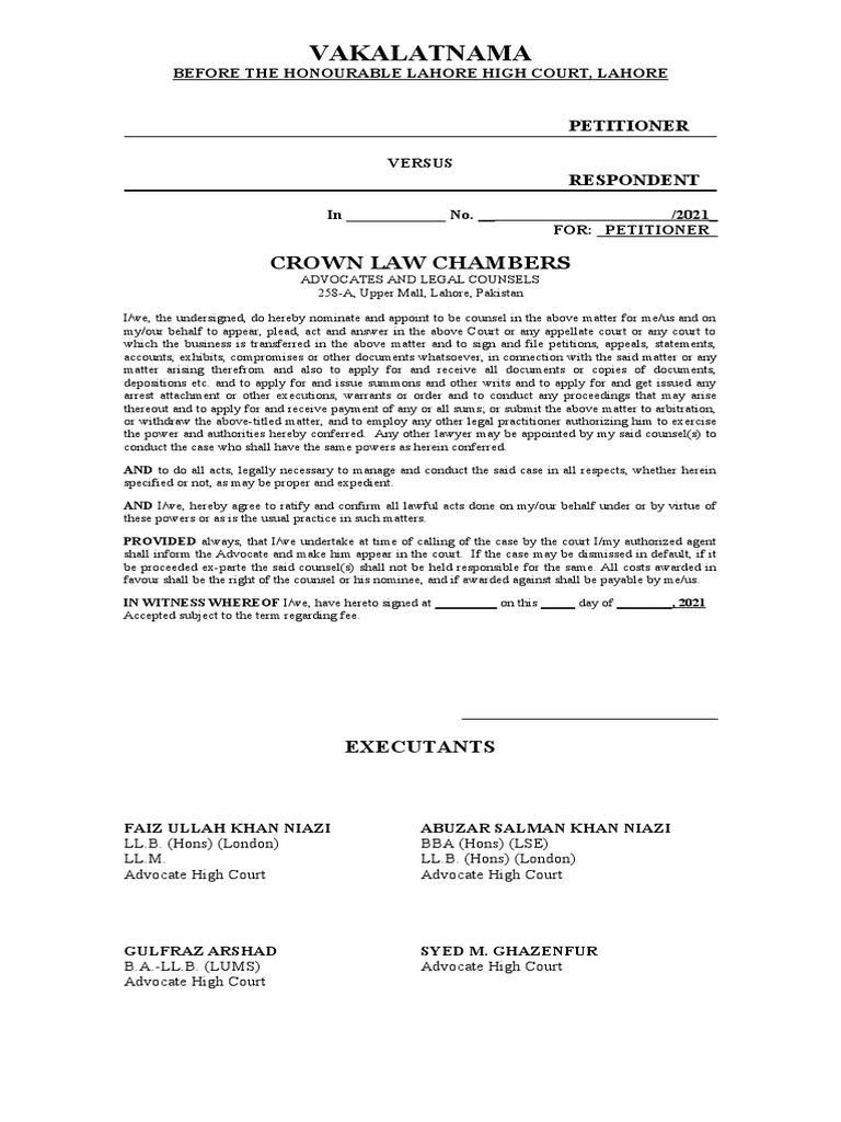 Vakalatnama pdf advocate lawyer