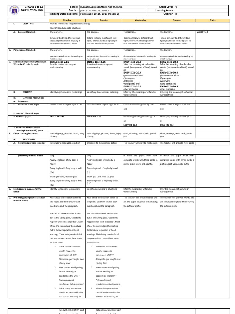 Grade 5 DLL Q3 Week 2 Overview | PDF | Learning | Linguistics