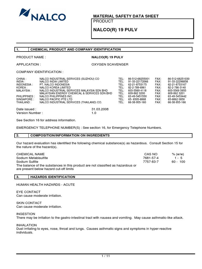 NALCO 19 PULV Safety Data Sheet | PDF | Dangerous Goods | Waste