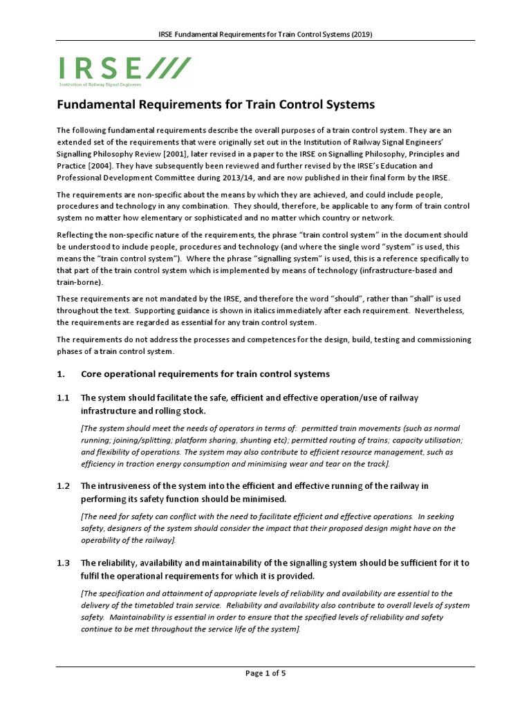 IRSE Fundamental Requirements For Train Control Systems (V1a Sept