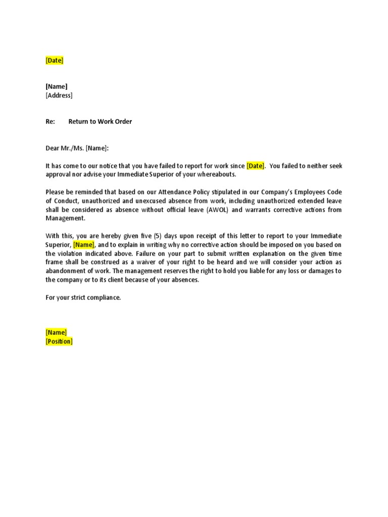 Return to Work Order Notice | PDF