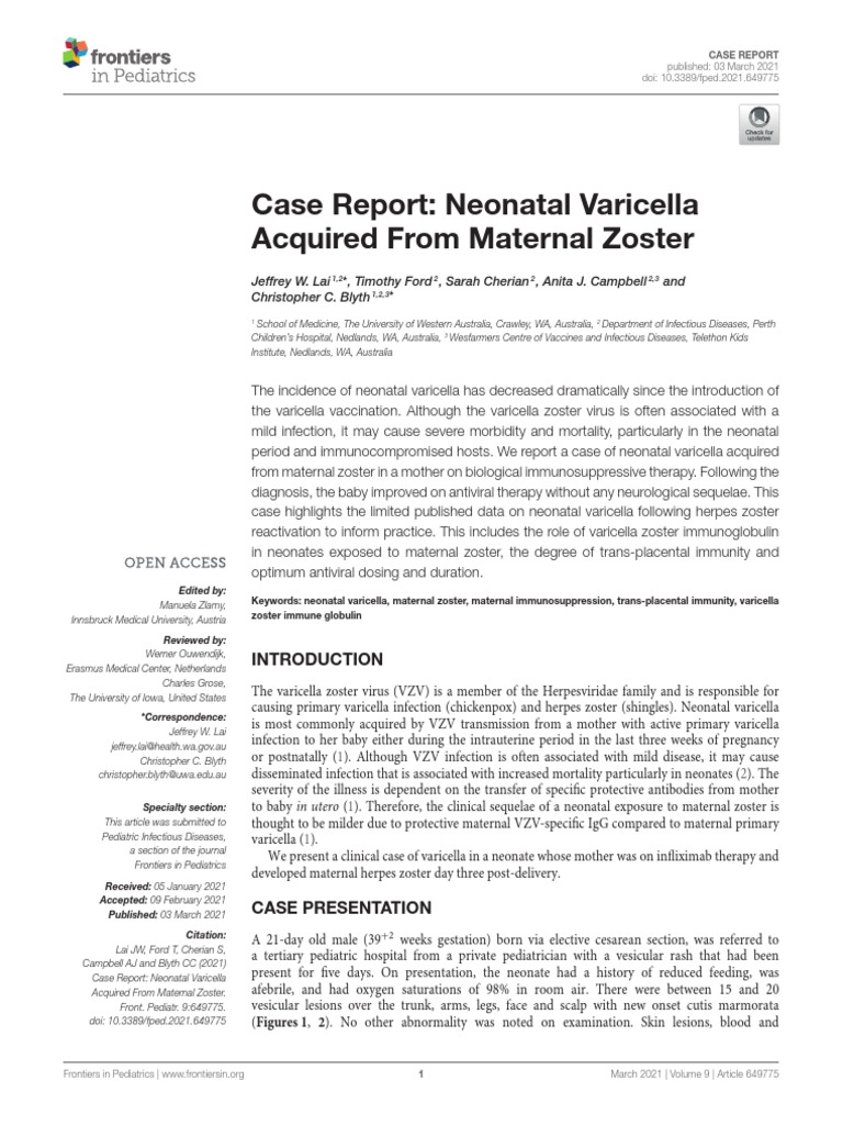 Case Report Neonatal Varicella Acquired From Maternal Zoster PDF Herpes Simplex Immunity