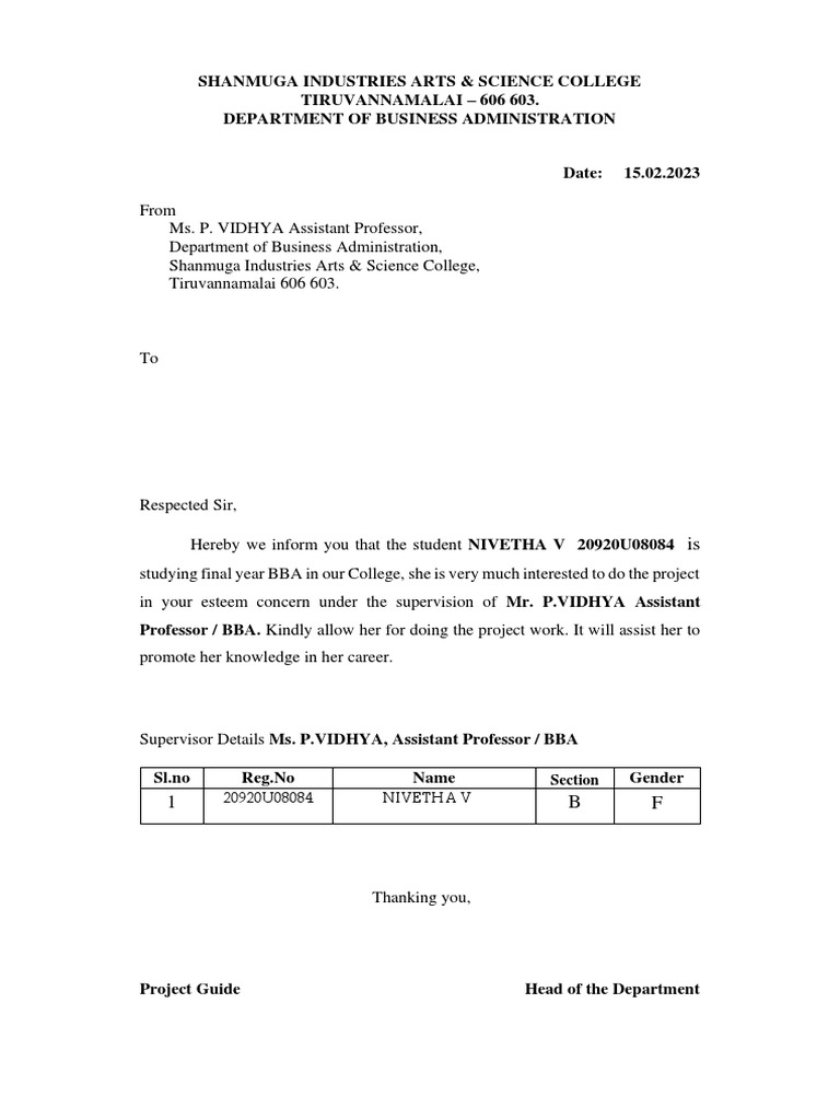 BBA Project Approval Request for NIVETHA V | PDF