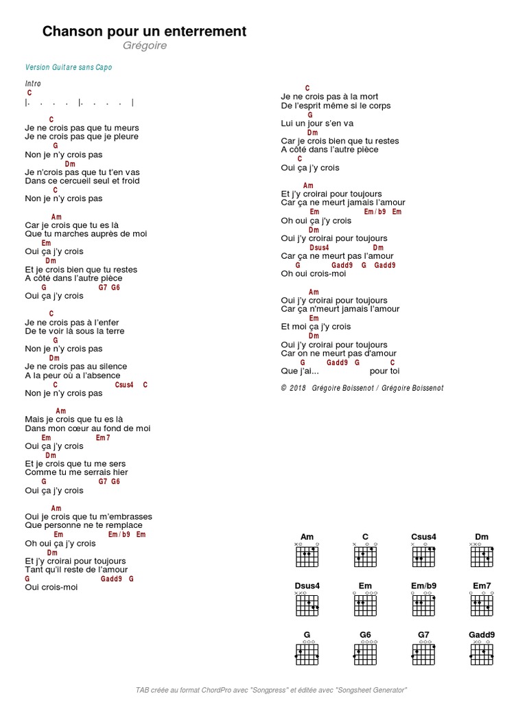 Parole Chanson Pour Un Enterrement Gregoire Gregoire Chanson Pour Un Enterrement Gtr0 | PDF