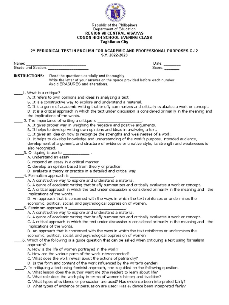 2nd PERIODICAL TEST IN EAPP | PDF | Argument | Feminism
