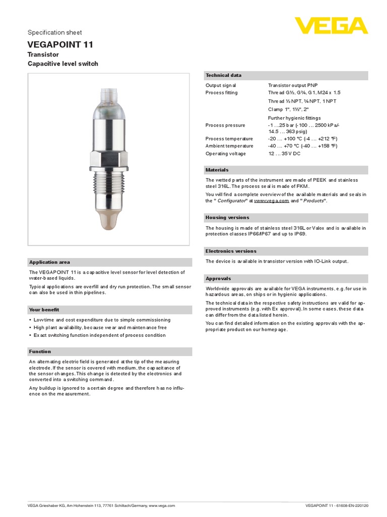 EN Specification Sheet VEGAPOINT 11 Transistor PDF Sensor Bipolar