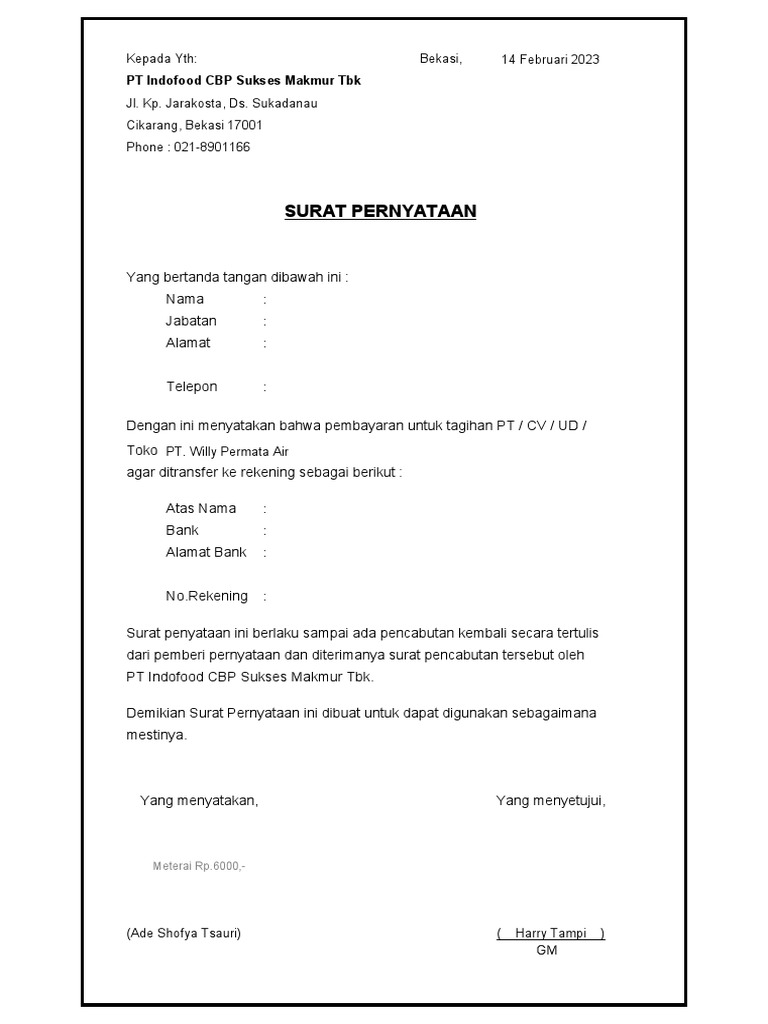 Draft Surat Pernyataan Transfer - 1 | PDF | Bisnis | Pengelolaan ...