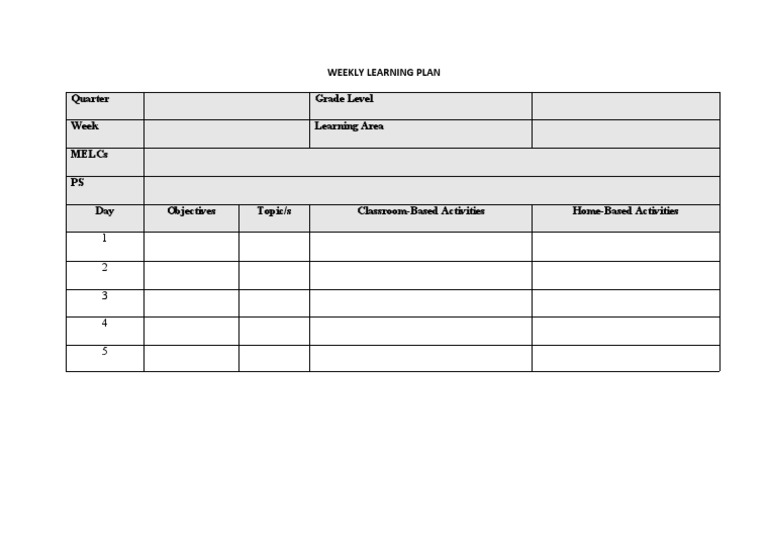 Weekly Learning Plan Template PDF