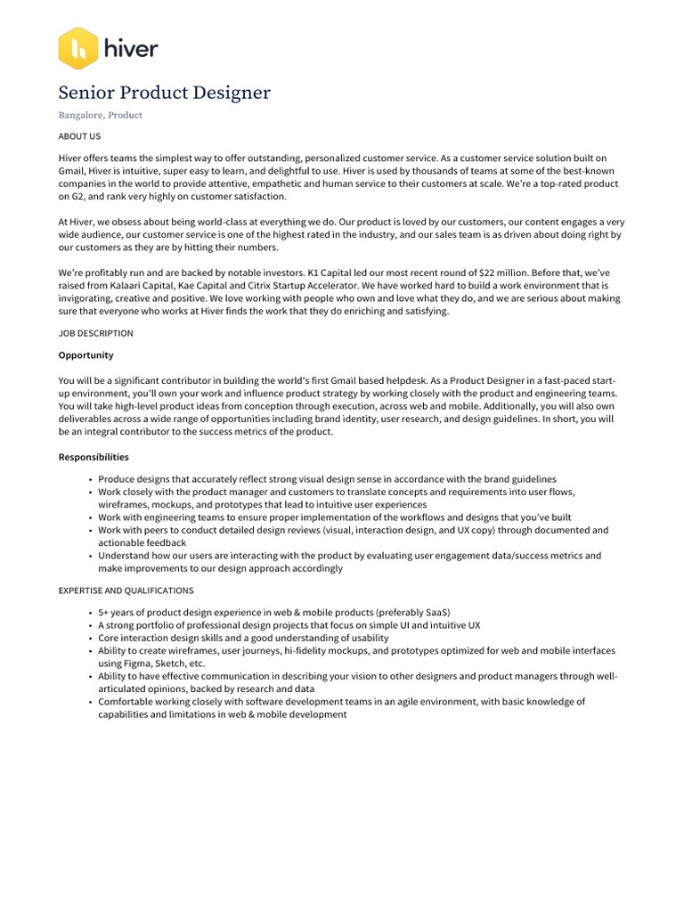Senior Product Designer Role at Hiver | PDF | Business | Art