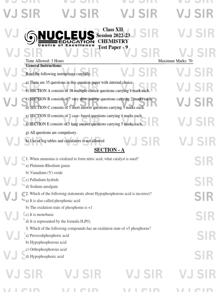 Class XII Chemistry Test Paper 9 | PDF | Reaction Rate | Chemical Reactions
