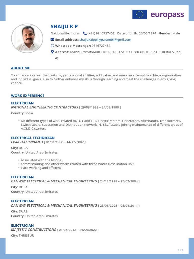 CV and Certificates Shaiju PDF Electrician Kerala