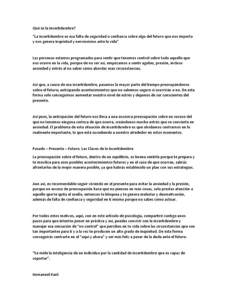 Qué Es La Incertidumbre | PDF | Estrés (biología) | Ansiedad