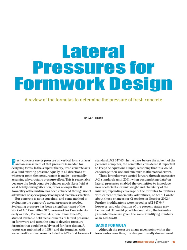 Determining Lateral Pressures on Formwork: A Review of Formulas for ...