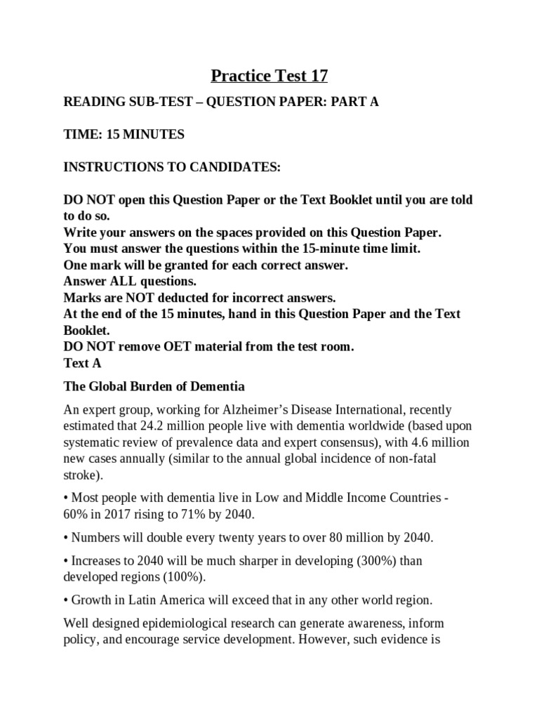 OET 2 Reading test 17 part A PDF Dementia Medicine